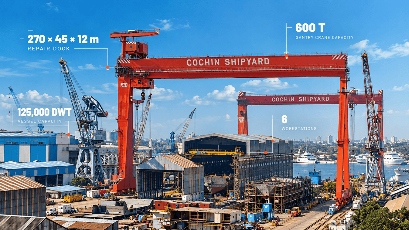 Cochin Shipyard yard with the 600-tonne Goliath gantry crane, repair dock and workshops