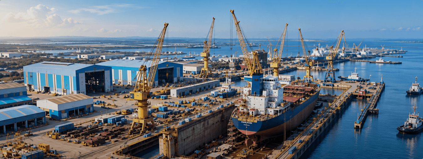 Aerial view of Cochin Shipyard repair docks with cranes and vessels
